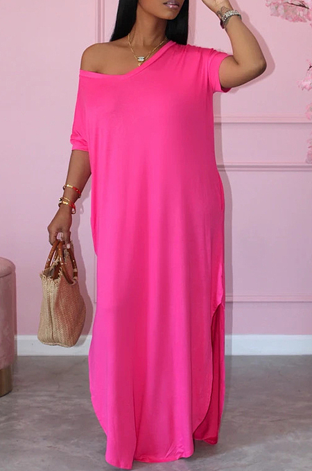 Fashion Short Sleeve Hem Open Fork Deep V Loose Long Dress X9300