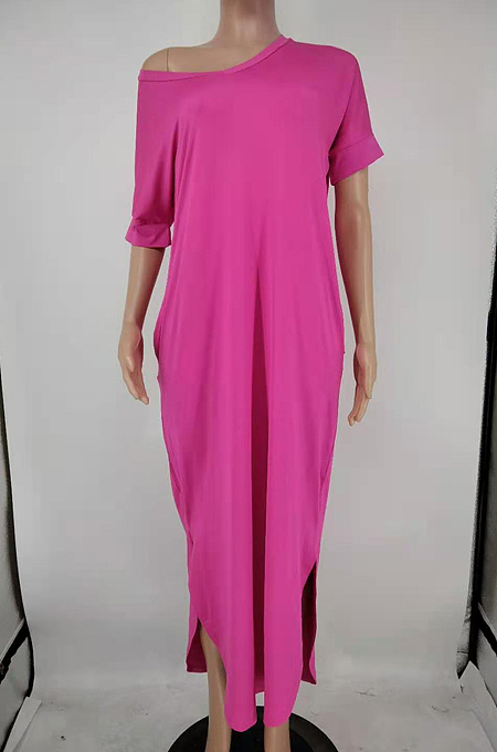 Fashion Short Sleeve Hem Open Fork Deep V Loose Long Dress X9300