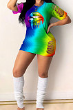 Fashion Sexy Hurnt Flower Rainbow Lip Print Gradual Change Mini Dress GHH030