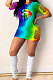 Fashion Sexy Hurnt Flower Rainbow Lip Print Gradual Change Mini Dress GHH030