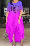 Women Fashion Printing Letter Gradual Change Open Fork Long Dress MQX2333