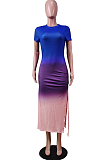 Fashion Gradient Positioning Print Lashing Opening Short Sleeve Dress WY6736 