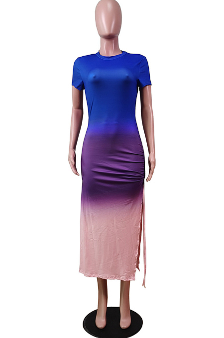 Fashion Gradient Positioning Print Lashing Opening Short Sleeve Dress WY6736 
