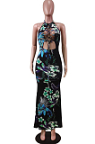 Fashion Sexy Hang A Neck Backless Print Lashing Long Dress WY6791