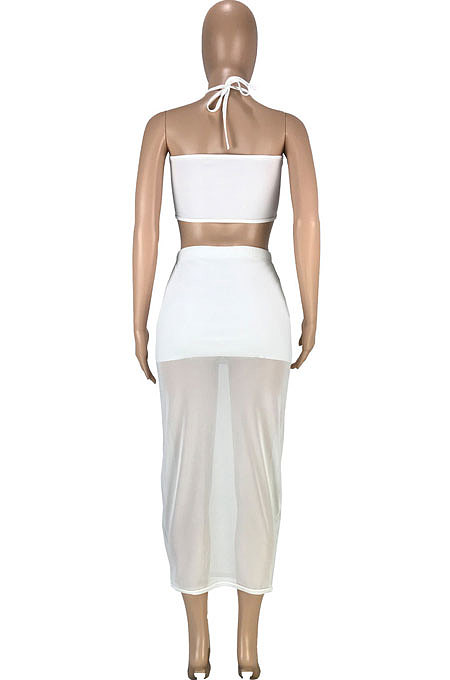 Sexy Pure Color Spliced Net Yarn Bandeau Bra Bind Package Buttocks Long Skirts Sets SM9175