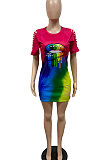 Fashion Sexy Hurnt Flower Rainbow Lip Print Gradual Change Mini Dress GHH030