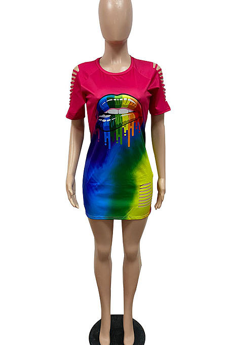 Fashion Sexy Hurnt Flower Rainbow Lip Print Gradual Change Mini Dress GHH030