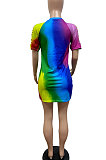 Fashion Sexy Hurnt Flower Rainbow Lip Print Gradual Change Mini Dress GHH030