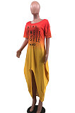 Women Fashion Printing Letter Gradual Change Open Fork Long Dress MQX2333