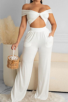 Euramerican Women Pure Color Chest Wrap Top Loose Pants Two-Piece X9297 