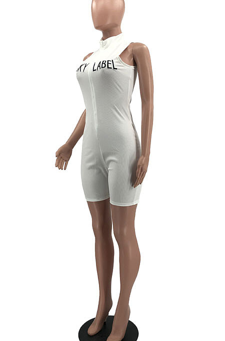 Club Sexy High Neck Screw Thread Embroidered Letter Zipper Tight Romper Shorts MQX2332