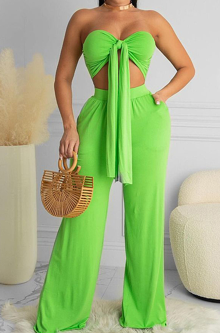Euramerican Women Pure Color Chest Wrap Top Loose Pants Two-Piece X9297 