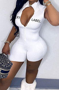 Club Sexy High Neck Screw Thread Embroidered Letter Zipper Tight Romper Shorts MQX2332