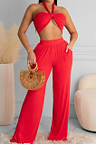 Euramerican Women Pure Color Chest Wrap Top Loose Pants Two-Piece X9297 