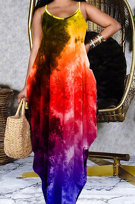 Tie Dye Printing Condole Belt Loose Long Dress GHH037