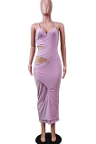Fashion Sexy Pure Color Sling Hollow Out Long Dress WY6797