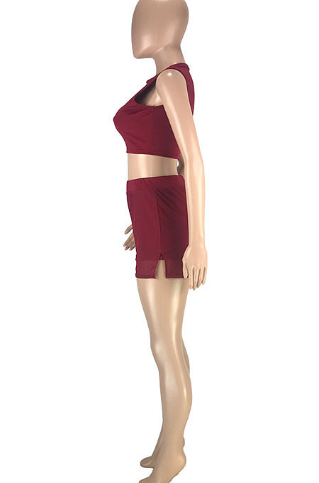 Fashion Casual Pure Color Vest Shorts Net Yarn Spliced Side Open Fork Sport Two-Pieces SM9159