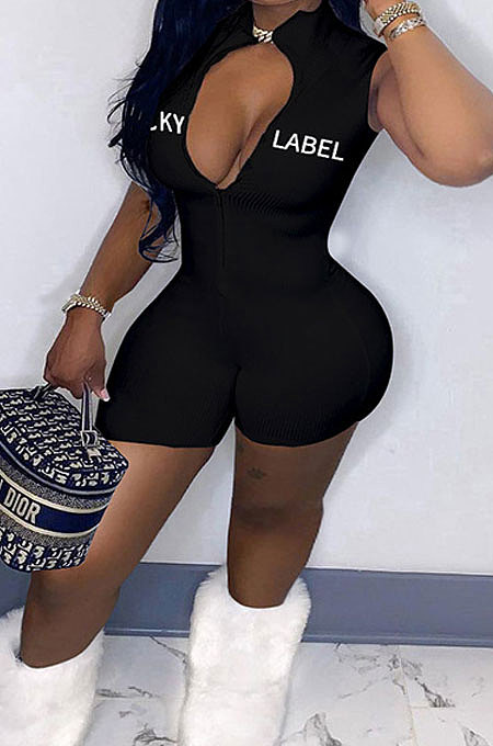 Club Sexy High Neck Screw Thread Embroidered Letter Zipper Tight Romper Shorts MQX2332