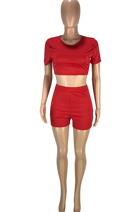 Trendy Casual Pure Color Round Neck Dew Waist Cultivate One's Morality Short Sleeve T Shirts Shorts Sport Two-Pieces SM9170