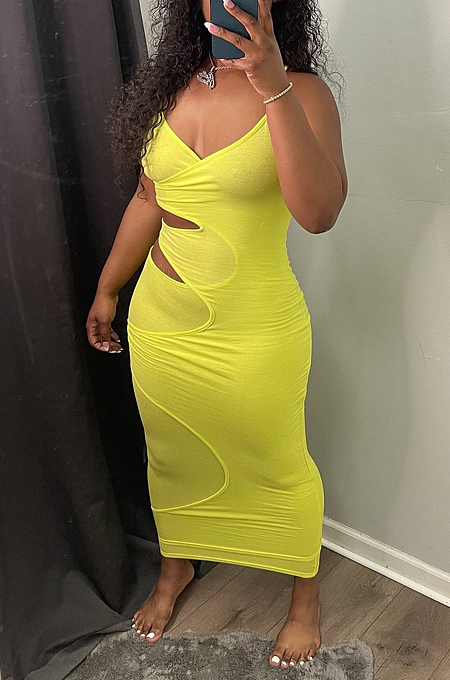 Fashion Sexy Pure Color Sling Hollow Out Long Dress WY6797