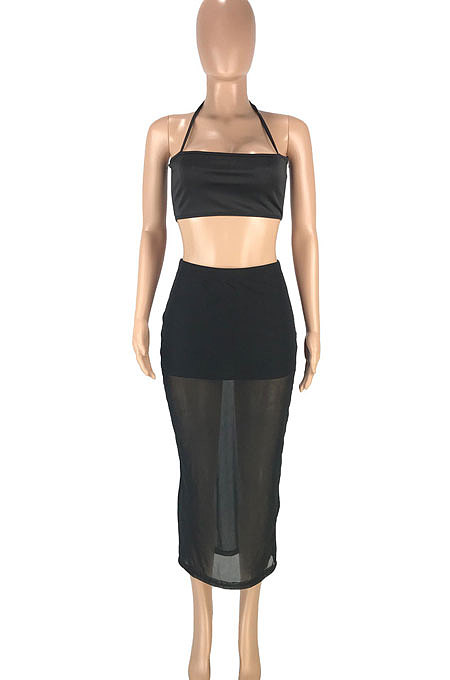 Sexy Pure Color Spliced Net Yarn Bandeau Bra Bind Package Buttocks Long Skirts Sets SM9175