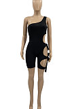 Pure Color Hole Hole One Shoulder Binding Romper Shorts AD0401