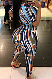Sexy Stripe Printing Deep V Waistband Bodycon Jumpsuits HT6008