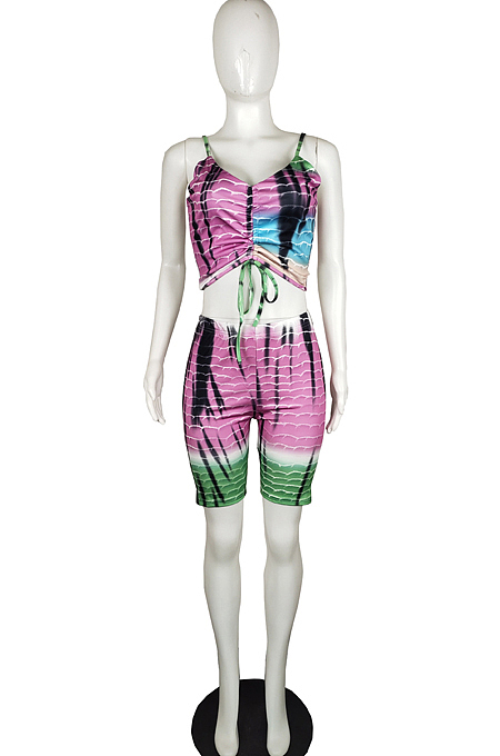 Fashion Sling Drawsting Bind Print Shorts Casual Two-Piece L0349