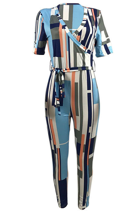 Sexy Stripe Printing Deep V Waistband Bodycon Jumpsuits HT6008