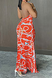 Halter Neck Ruffle Open Fork Printing Mid Waist Long Dress JP1038