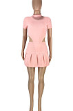 Trendy Casual Sexy Pure Color Invisible Zipper Cultivate One's Morality Jumpsuits Ruffle Skirts Sets SM9176