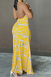 Halter Neck Ruffle Open Fork Printing Mid Waist Long Dress JP1038