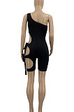 Pure Color Hole Hole One Shoulder Binding Romper Shorts AD0401