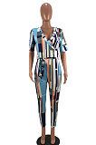 Sexy Stripe Printing Deep V Waistband Bodycon Jumpsuits HT6008