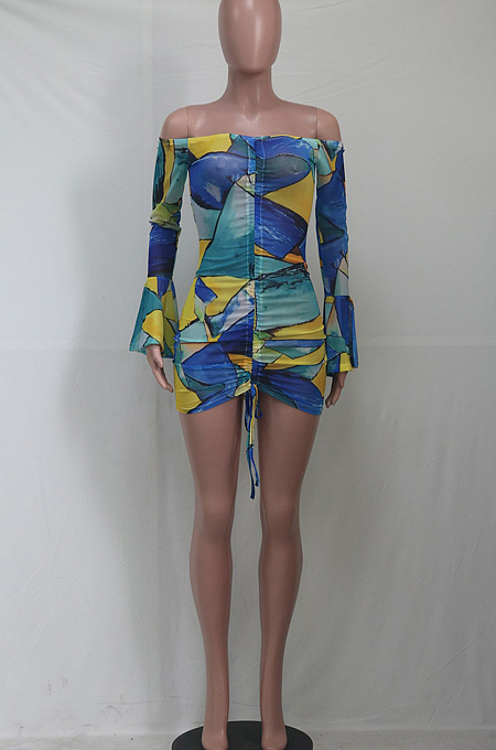 Sexy A Word  Shoulder Net Yarn Print Dress SY8806