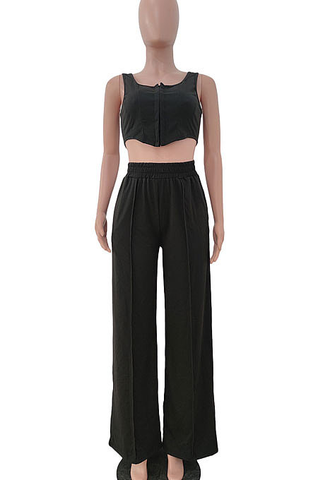 Pure Color Stealth Buckle Sleeveless Vest Loose Pants Sets JP1030