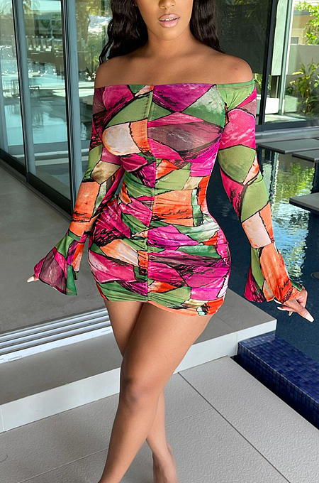 Sexy A Word  Shoulder Net Yarn Print Dress SY8806
