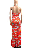 Halter Neck Ruffle Open Fork Printing Mid Waist Long Dress JP1038