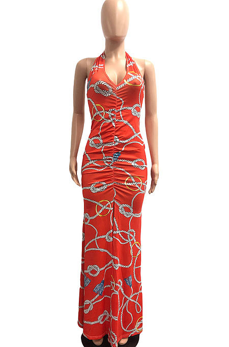 Halter Neck Ruffle Open Fork Printing Mid Waist Long Dress JP1038