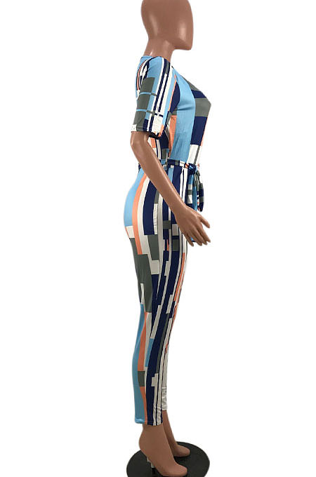 Sexy Stripe Printing Deep V Waistband Bodycon Jumpsuits HT6008