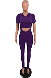 Sexy Pure Color Round Neck Hooded Tight Top Two-Piece TD8023