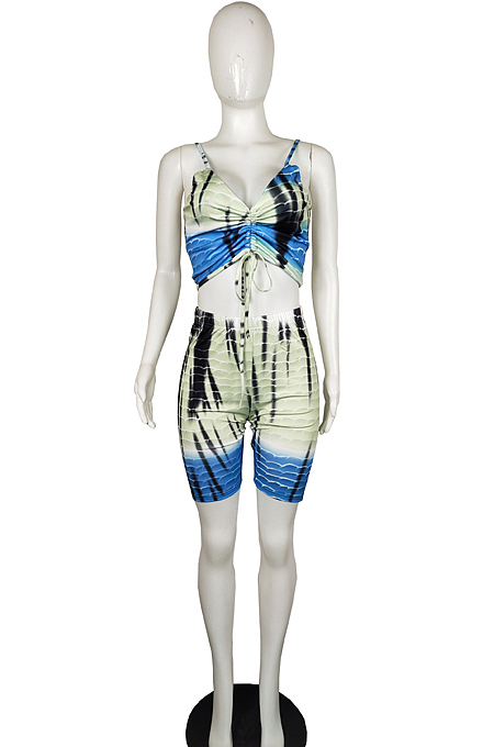 Fashion Sling Drawsting Bind Print Shorts Casual Two-Piece L0349