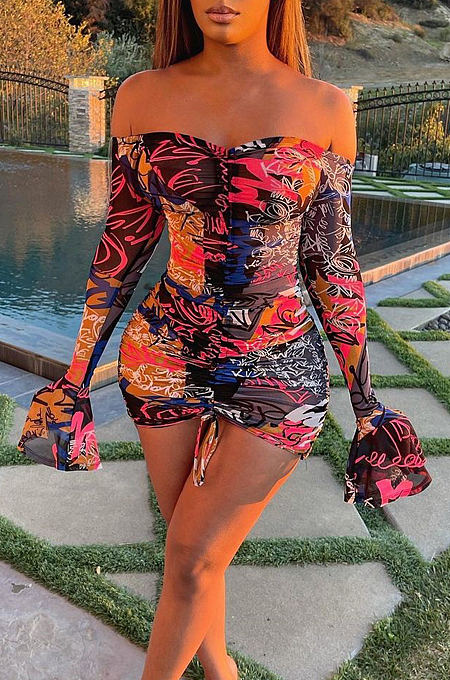 Sexy A Word  Shoulder Net Yarn Print Dress SY8806