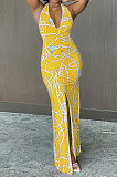 Halter Neck Ruffle Open Fork Printing Mid Waist Long Dress JP1038