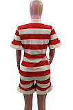 Euramerican Stripe Print Loose Agaric Edge Short Sleeve T Shirts  Sets HHM6519