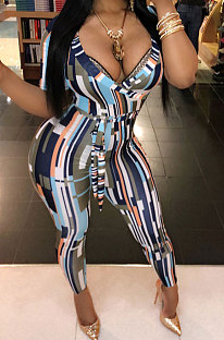 Sexy Stripe Printing Deep V Waistband Bodycon Jumpsuits HT6008