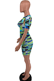 Fashion Tie Dye Print Cutivate One's Mouality Short Sleeve Package Buttocks Dress TD8022
