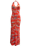 Halter Neck Ruffle Open Fork Printing Mid Waist Long Dress JP1038