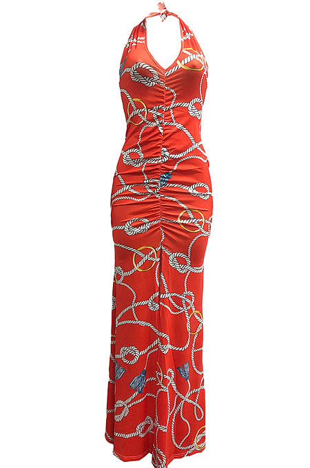 Halter Neck Ruffle Open Fork Printing Mid Waist Long Dress JP1038