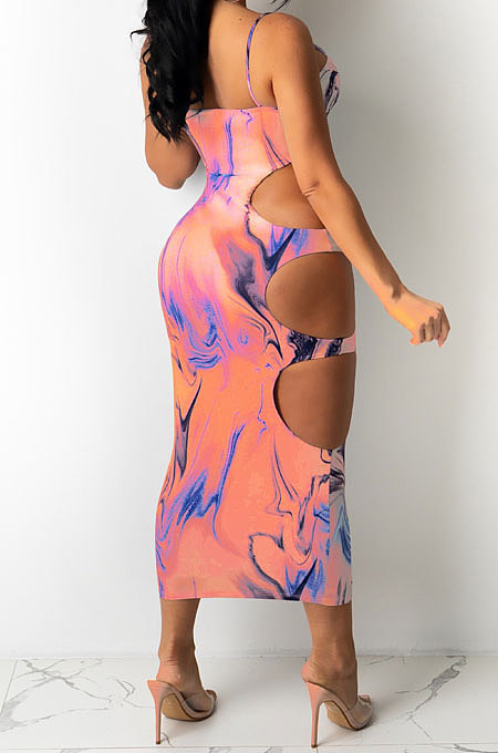 Condole Belt Temperament Sexy Hole Printing Long Dress JP1034